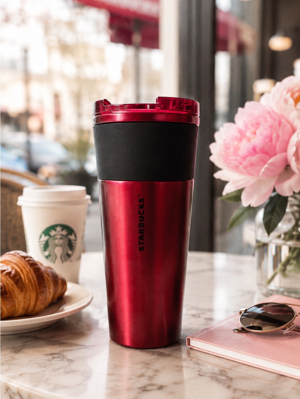 Starbucks Metallic Red 16 oz Travel Mug with Black Comfort Sleeve Coffee Cup